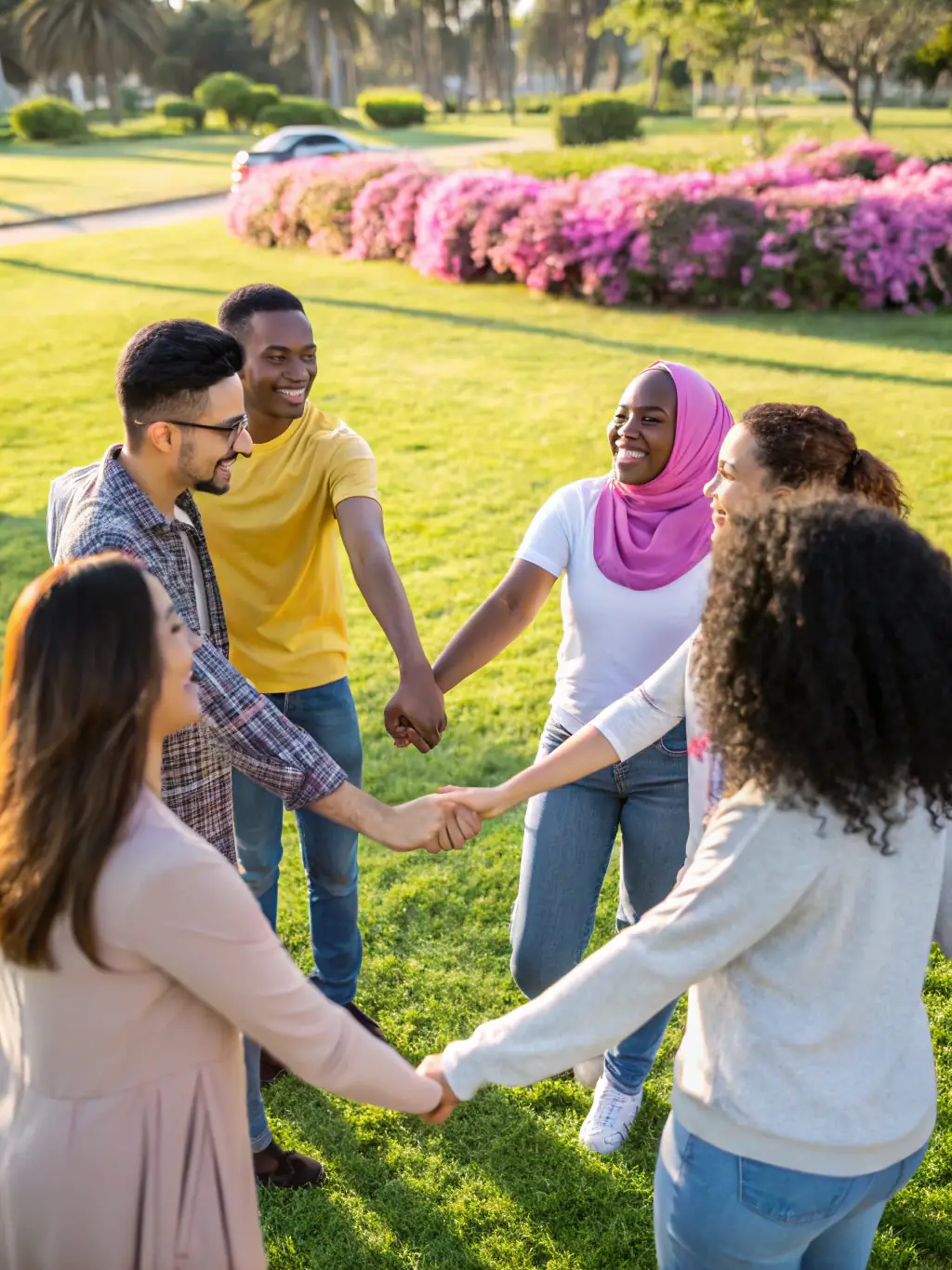 A group of diverse young people participating in a team-building exercise outdoors, smiling and engaged, representing MRJC's youth leadership program.