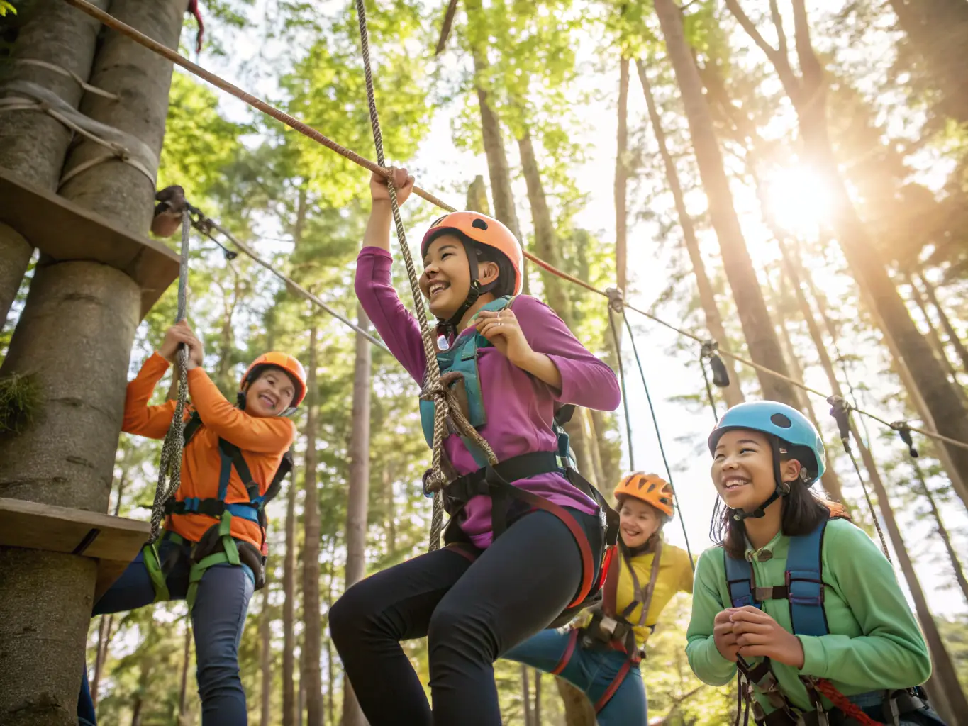 A group of diverse young people participating in a team-building exercise outdoors, symbolizing MRJC's focus on teamwork and collaboration.
