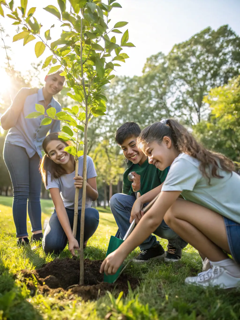 Young members of MRJC planting trees in a community garden, demonstrating environmental stewardship and community involvement.