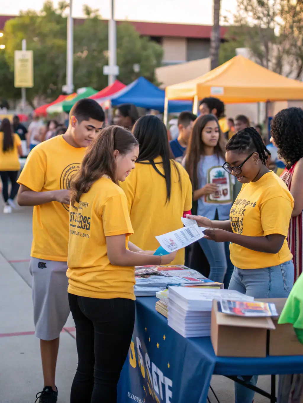 A group of MRJC youth volunteering at a local community event, assisting with setup and engaging with community members.