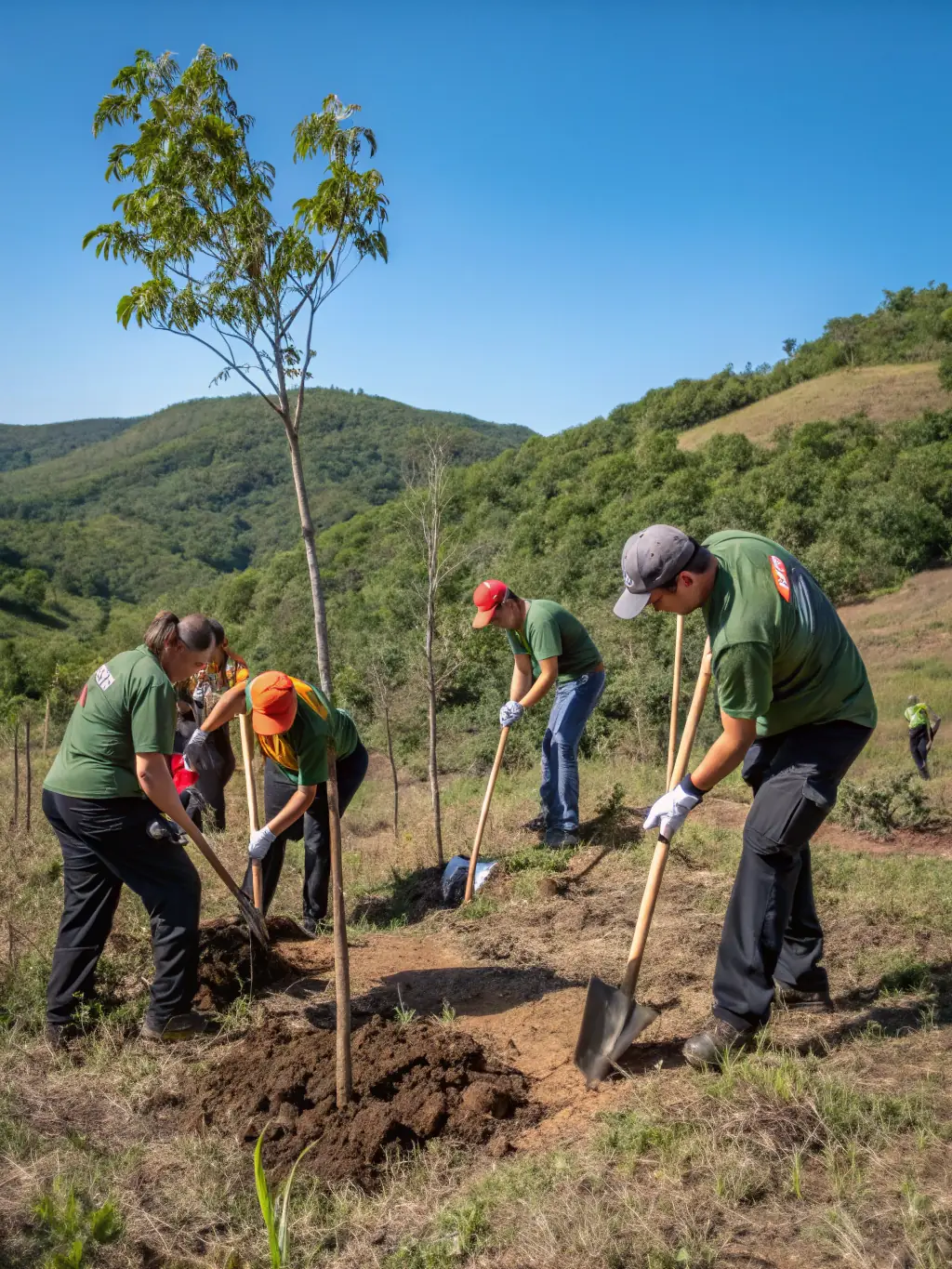 A photo of young adults planting trees in a rural area, symbolizing MRJC's commitment to environmental stewardship and community involvement.