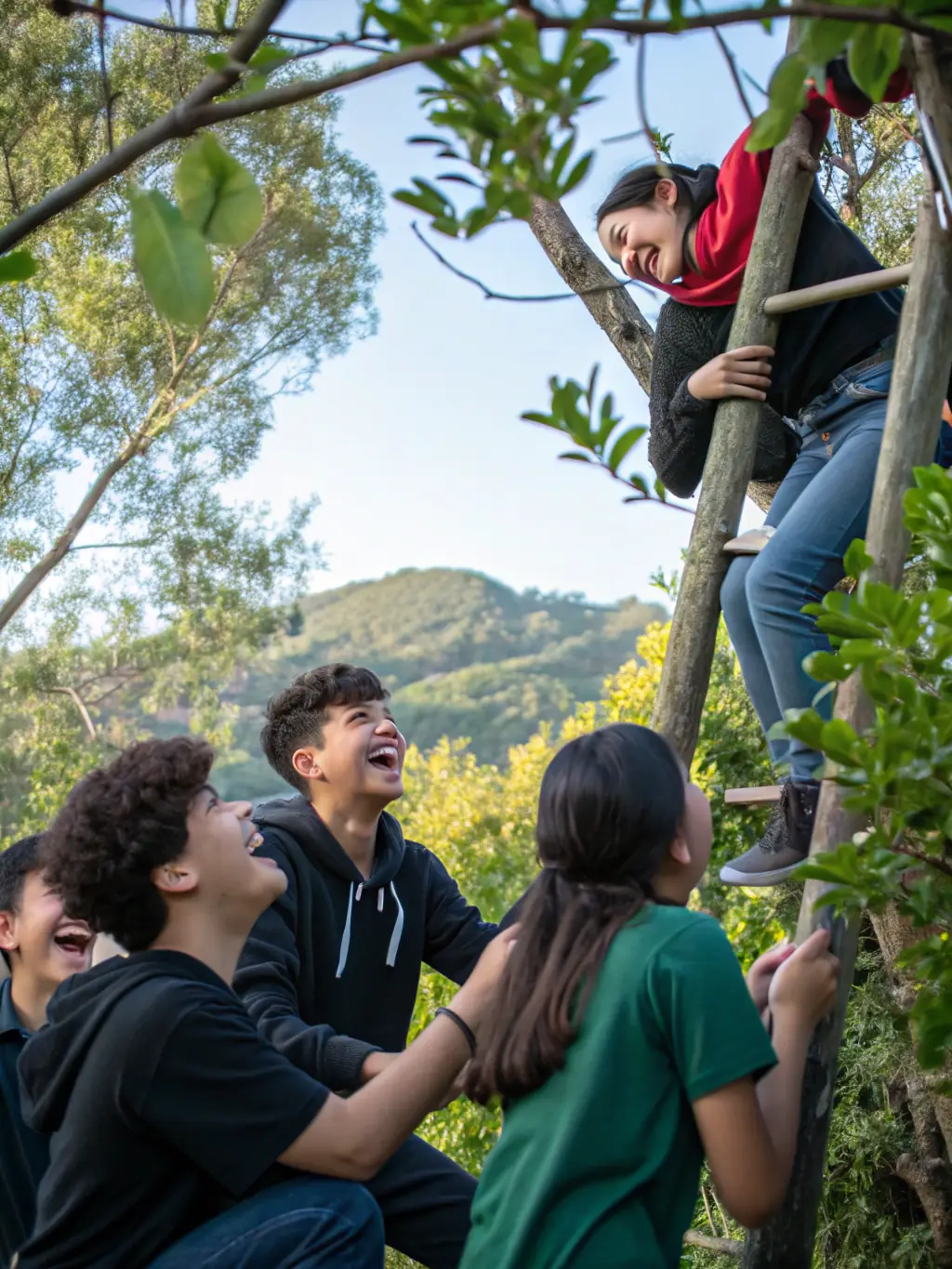 A group of young people from MRJC participating in a team-building exercise in a rural setting, smiling and engaged.