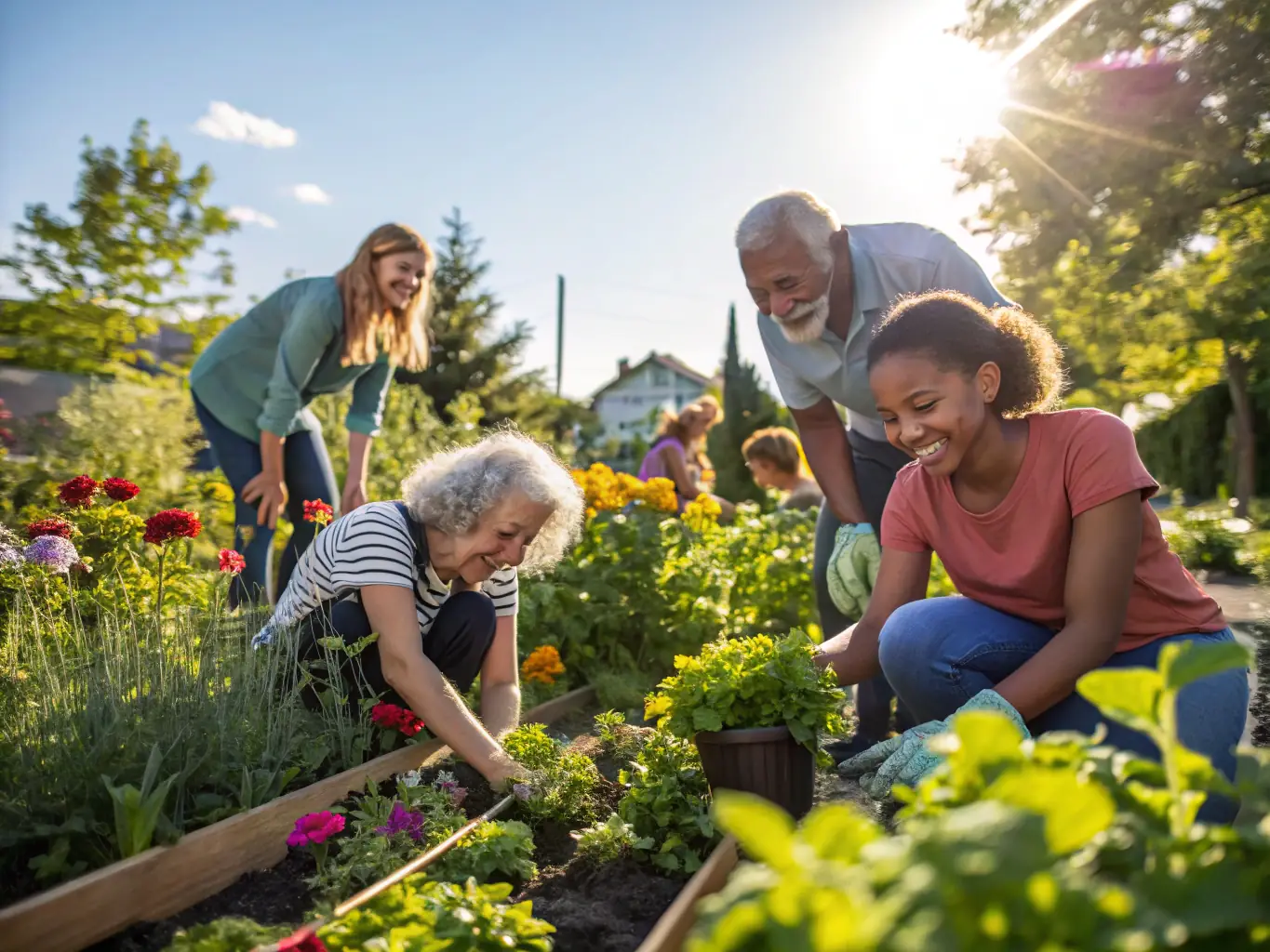 A photo of young people volunteering in a community garden, representing MRJC's commitment to social responsibility and community involvement.